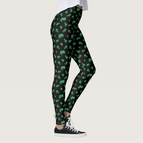 Gradient Green Irish Shamrock Pattern on Black Leggings