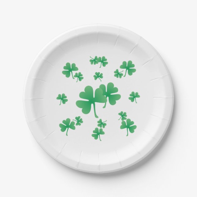 Gradient Green Irish Shamrock Pattern Party Paper Plates (Front)