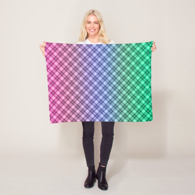 Gradient grid checkered plaid tartan pattern pink fleece blanket (In Situ)