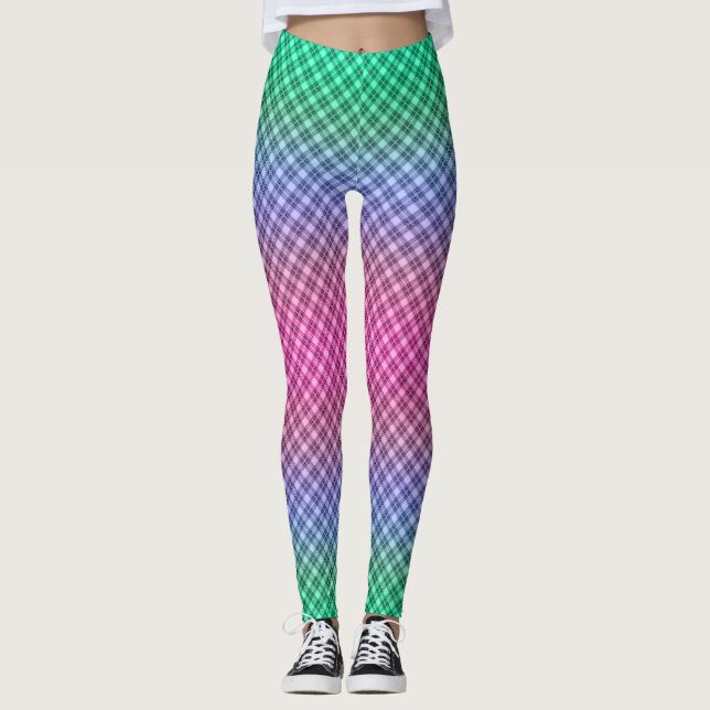 Gradient grid checkered plaid tartan pattern pink  leggings (Front)