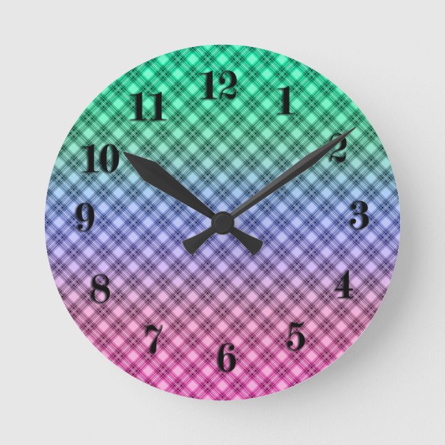 Gradient grid checkered plaid tartan pattern pink round clock (Front)