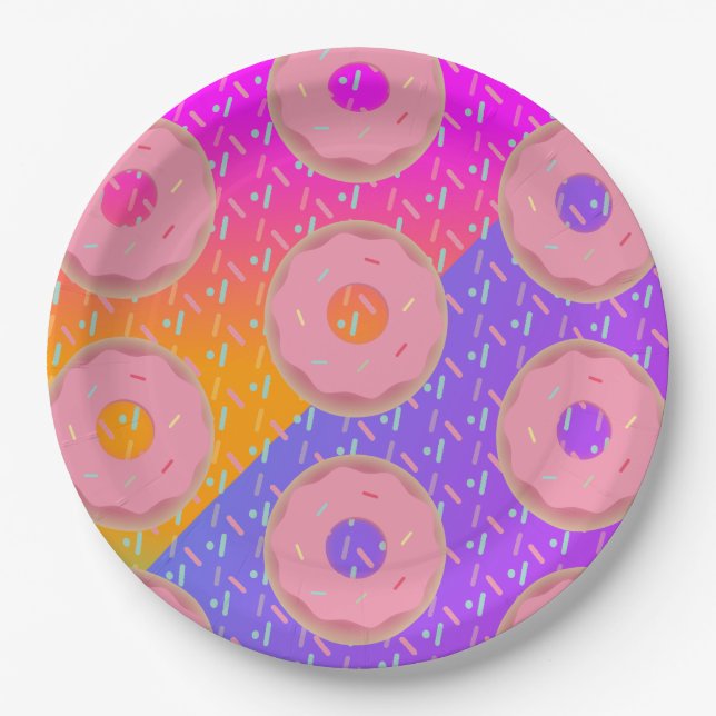 Gradient Neon and Sprinkles Donut Party Paper Plates (Front)