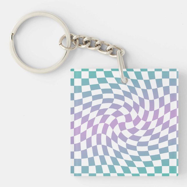 Gradient Ombre Blue Lilac Warped Check Checkered Keychain (Front)