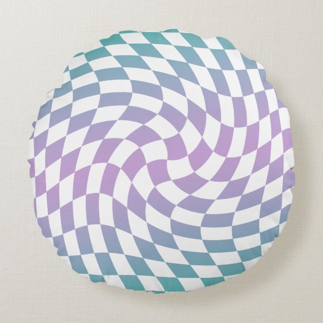 Gradient Ombre Blue Lilac Warped Check Checkered   Round Pillow (Front)