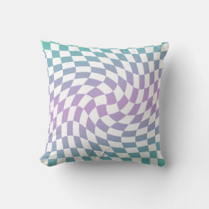 Gradient Ombre Blue Lilac Warped Check Checkered Throw Pillow