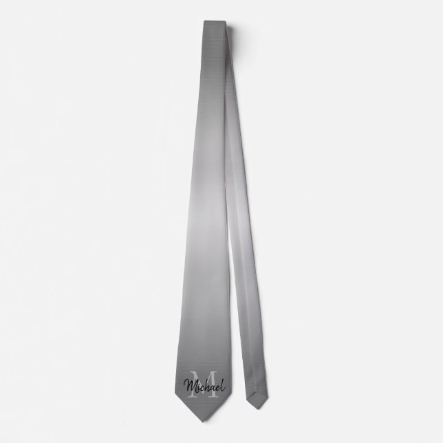 Gradient Ombre Gray With Name And Monogram Neck Tie (Front)