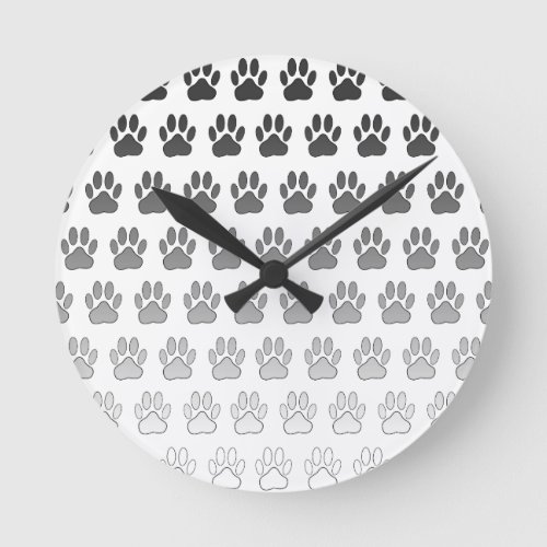 Gradient Paw Prints in Black  White  Gray Round Clock
