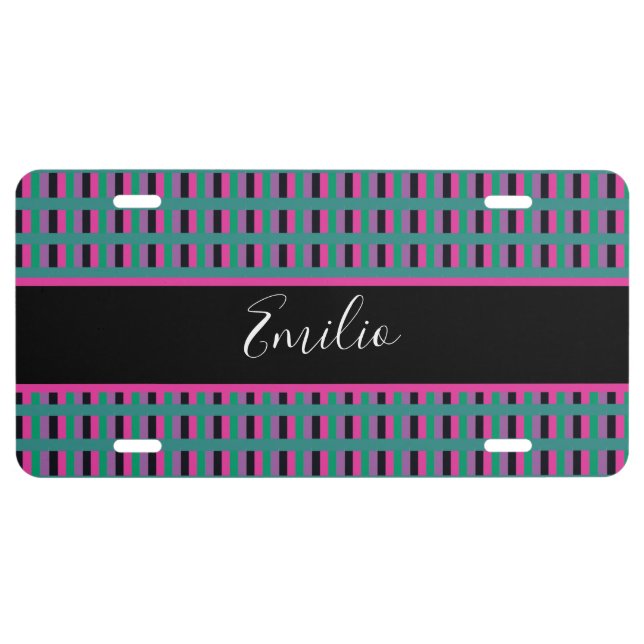 Gradient Pink Green Cross Stripes Name License Plate (Front)