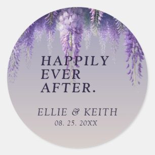Gradient Purple Floral Happily Ever After Wedding Classic Round Sticker