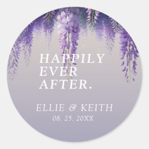 Gradient Purple Floral Happily Ever After Wedding Classic Round Sticker