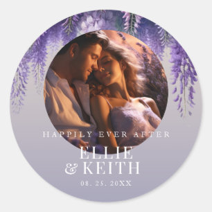 Gradient Purple Happily Ever After Photo Wedding Classic Round Sticker