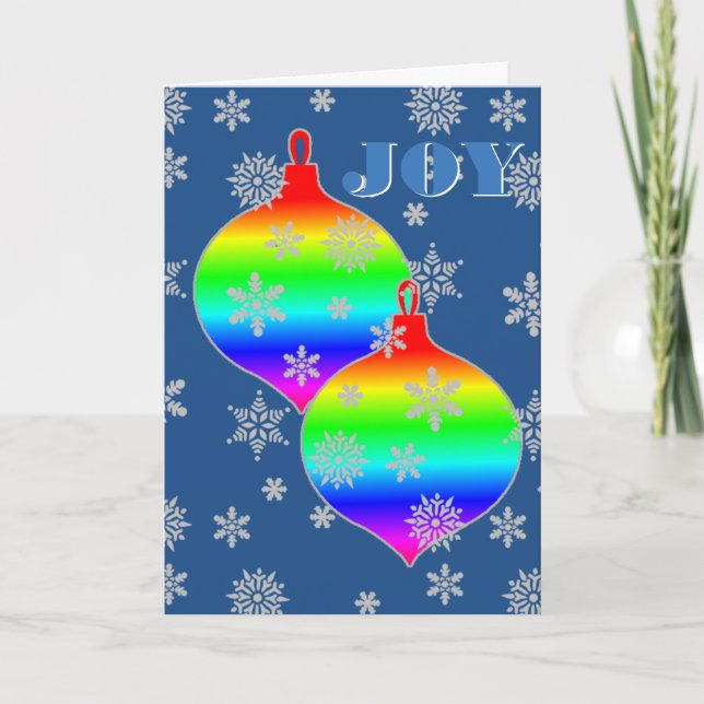 Gradient Rainbow flag ornaments JOY Holiday Card (Front)