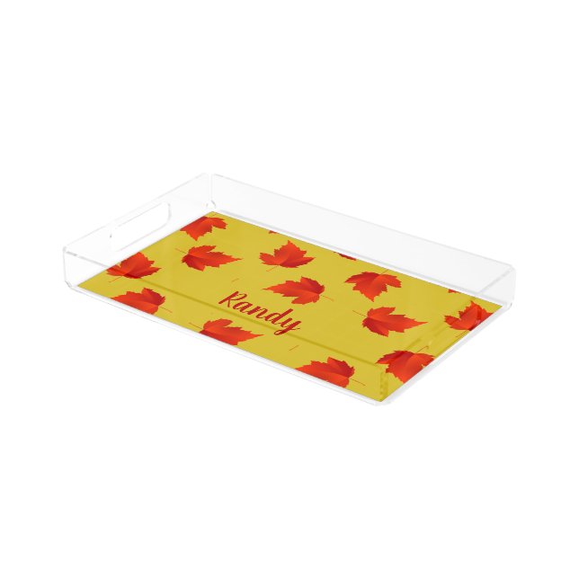 Gradient red dry leaves custom name yellow acrylic tray (Angled)