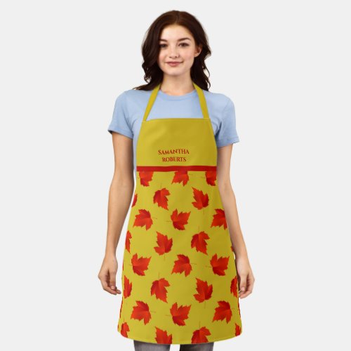 Gradient red dry leaves custom name yellow apron