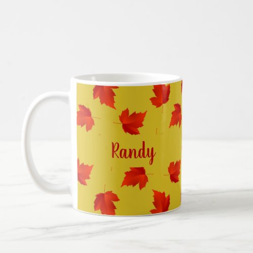 Gradient red dry leaves custom name yellow coffee mug