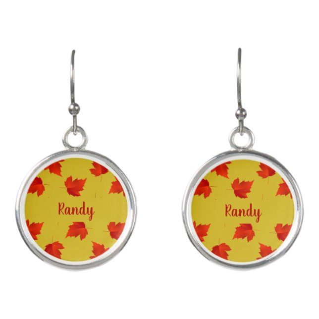 Gradient red dry leaves custom name yellow earrings (Front)