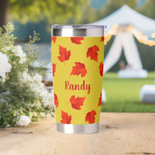 Gradient red dry leaves custom name yellow insulated tumbler