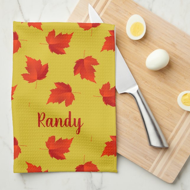 Gradient red dry leaves custom name yellow kitchen towel (Quarter Fold)