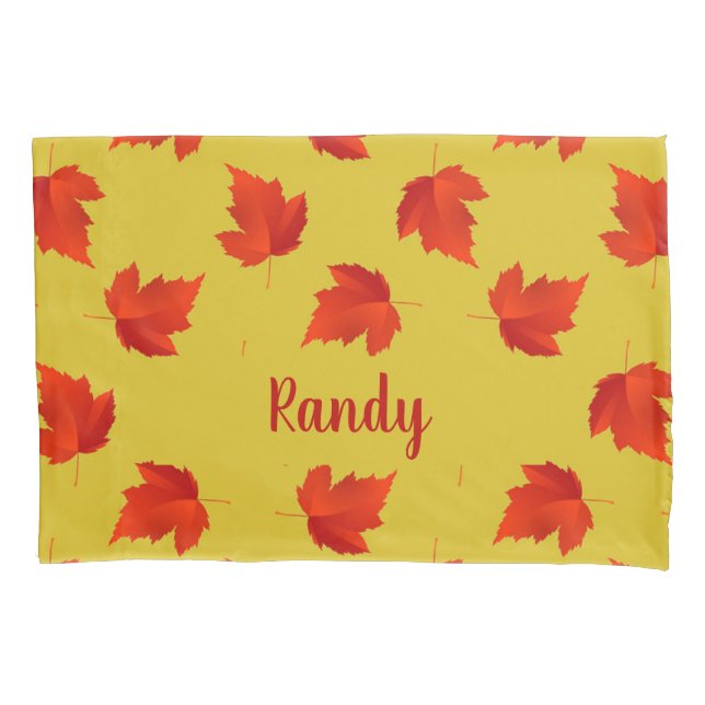 Gradient red dry leaves custom name yellow pillow case (Front)