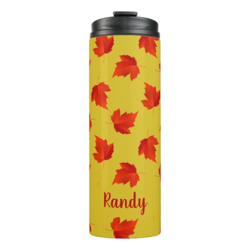 Gradient red dry leaves custom name yellow thermal tumbler