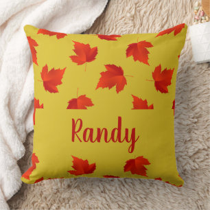 Gradient red dry leaves custom name yellow throw pillow