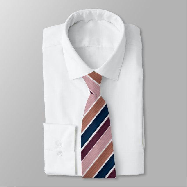 Gradient Stripe Pattern Rose Gold Plum Navy Neck Tie (Tied)