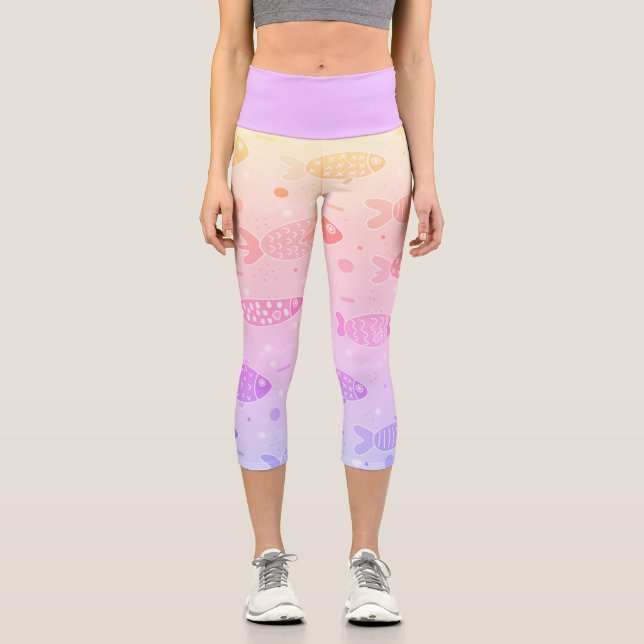 Gradient Sunset Fish Pattern Modern Capri Leggings (Front)