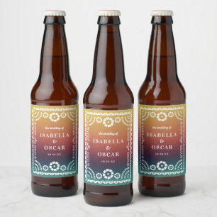Gradient Sunset Papel Picado Inspired Wedding Beer Bottle Label