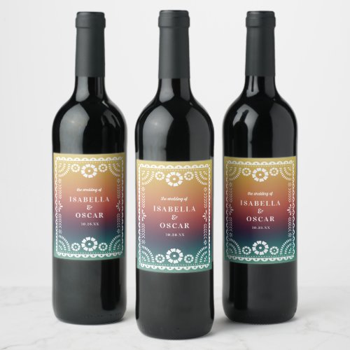 Gradient Sunset Papel Picado Inspired Wedding  Wine Label