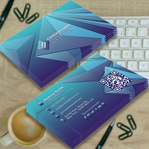 Gradient Teal 3D Social Media Navy Blue QR Code  Business Card
