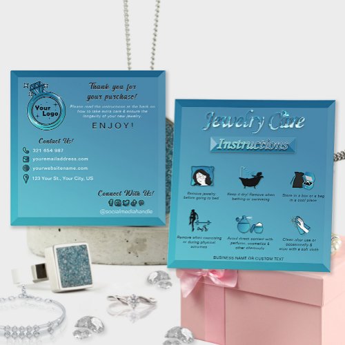 Gradient Teal Blue Elegant Diamond Jewelry Care  Square Business Card