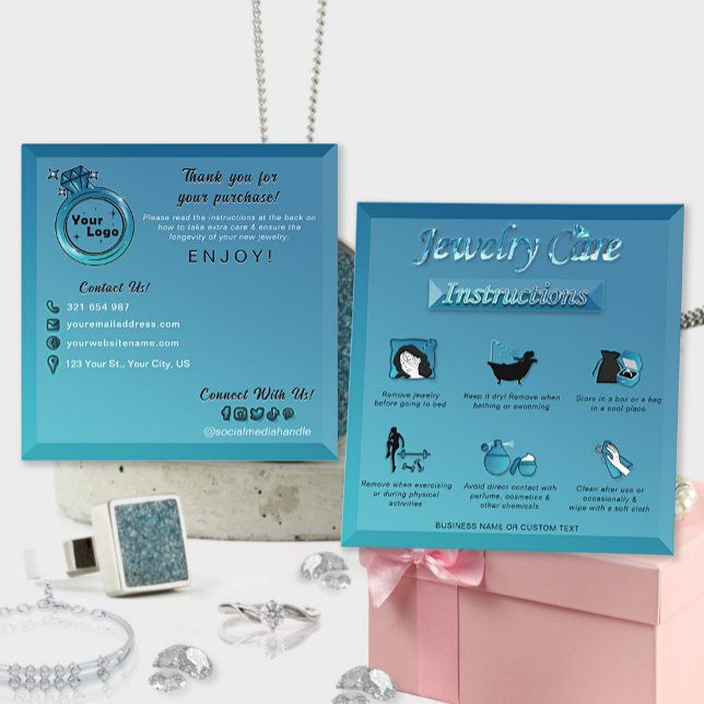 Gradient Teal Blue Elegant Diamond Jewelry Care  Square Business Card (Creator Uploaded)