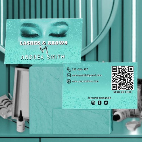 Gradient Teal Lashes Brows Makeup Artist QR Code   Business Card