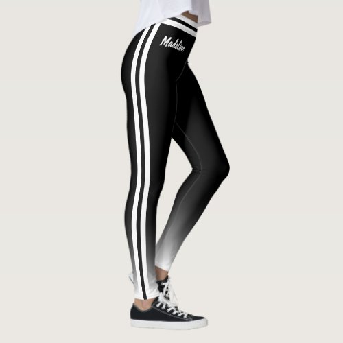 Gradient White with Double Side Stripe on Black Leggings
