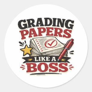 Grading Papers Like A Boss Funny Teacher Retro Classic Round Sticker