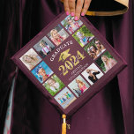 Graduate 12 Photo Collage Maroon Metallic Gold Graduation Cap Topper<br><div class="desc">Create a high school graduation photo collage mortarboard or cap topper keepsake with 12 pictures and personalized with the graduate's name with the Class Year, modern, elegant faux metallic gold foil typography and graduation cap design on a brushed metallic burgundy maroon background. Commemorative keepsake gift for the graduate. ASSISTANCE: For...</div>
