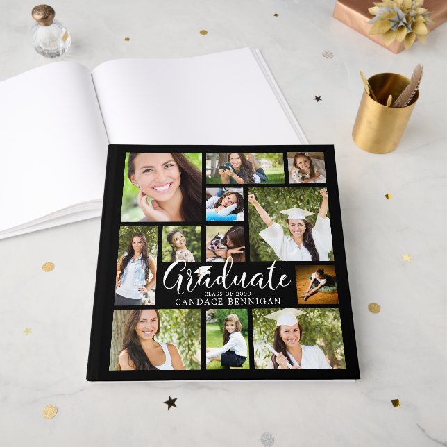 GRADUATE 12 Photo Collage Script Custom Colors Guest Book (Front Open)