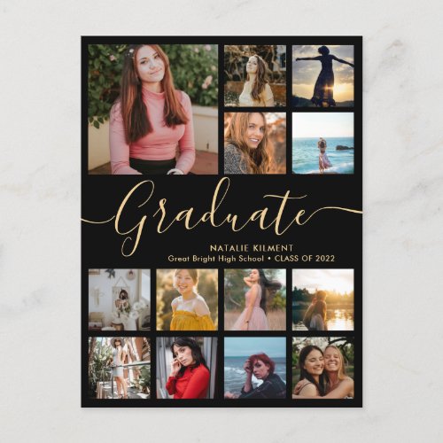 Graduate 13 Photo Collage Black  Gold Graduation Announcement Postcard