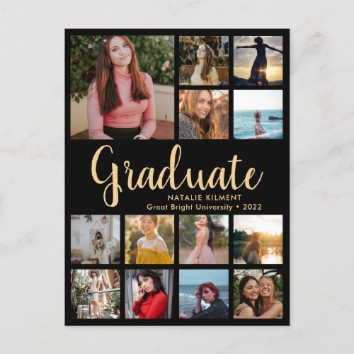 Graduate 13 Photo Collage Black  Gold Graduation Announcement Postcard