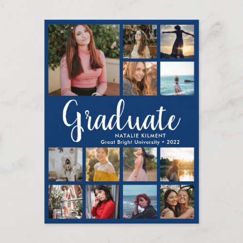 Graduate 13 Photo Collage Blue  White Graduation Announcement Postcard