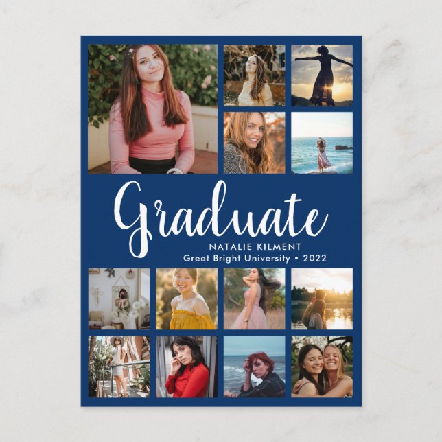 Graduate 13 Photo Collage Blue & White Graduation Announcement Postcard (Front)