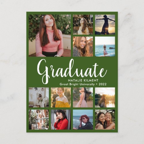 Graduate 13 Photo Collage Green  White Graduation Announcement Postcard