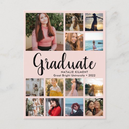 Graduate 13 Photo Collage Pink  Black Graduation Announcement Postcard