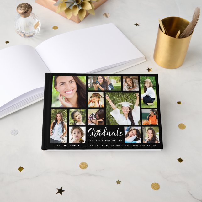 GRADUATE 13 Photo Collage Script Custom Color Guest Book (Front Open)
