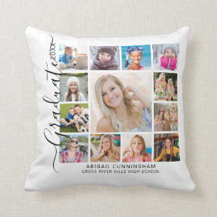 Graduate 13 Photo Collage Script Keepsake Throw Pillow