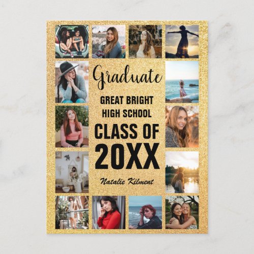 Graduate 14 Photo Collage Black  Gold Graduation Announcement Postcard