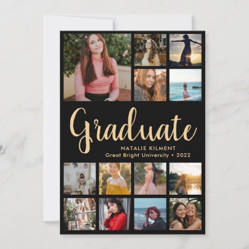 Graduate 14 Photo Collage Black  Gold Graduation Invitation