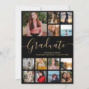 Graduate 14 Photo Collage Black & Gold Graduation Invitation