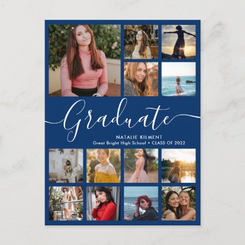 Graduate 14 Photo Collage Blue  White Graduation Announcement Postcard