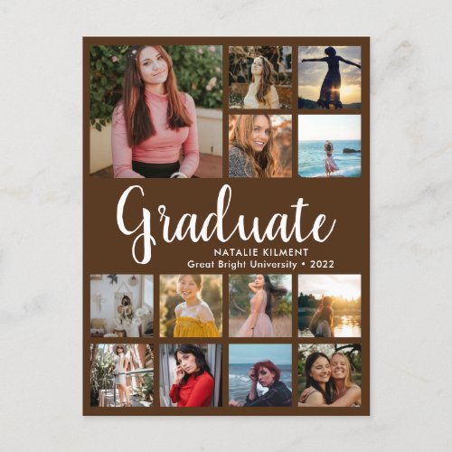 Graduate 14 Photo Collage Brown  White Graduation Announcement Postcard